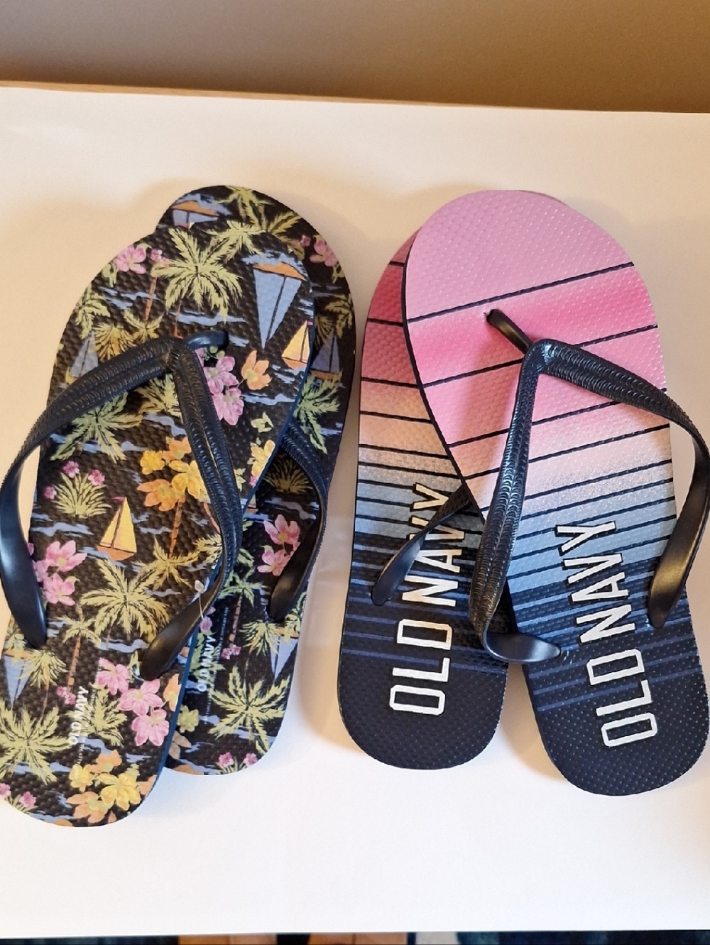Lot Of Old Navy Pink and Blue Gradient Logo Flip Flops with Tropical Pattern